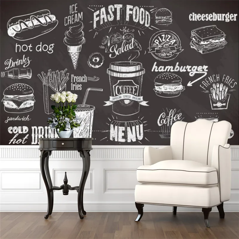 Food Snacks Background - カスタム手描き黒板ファーストフード壁紙スナックバー西洋レストラン産業装飾背景壁画壁紙 3D